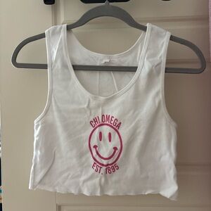 Chi Omega Bella Canvas White Crop Top with Pink Smiley Face